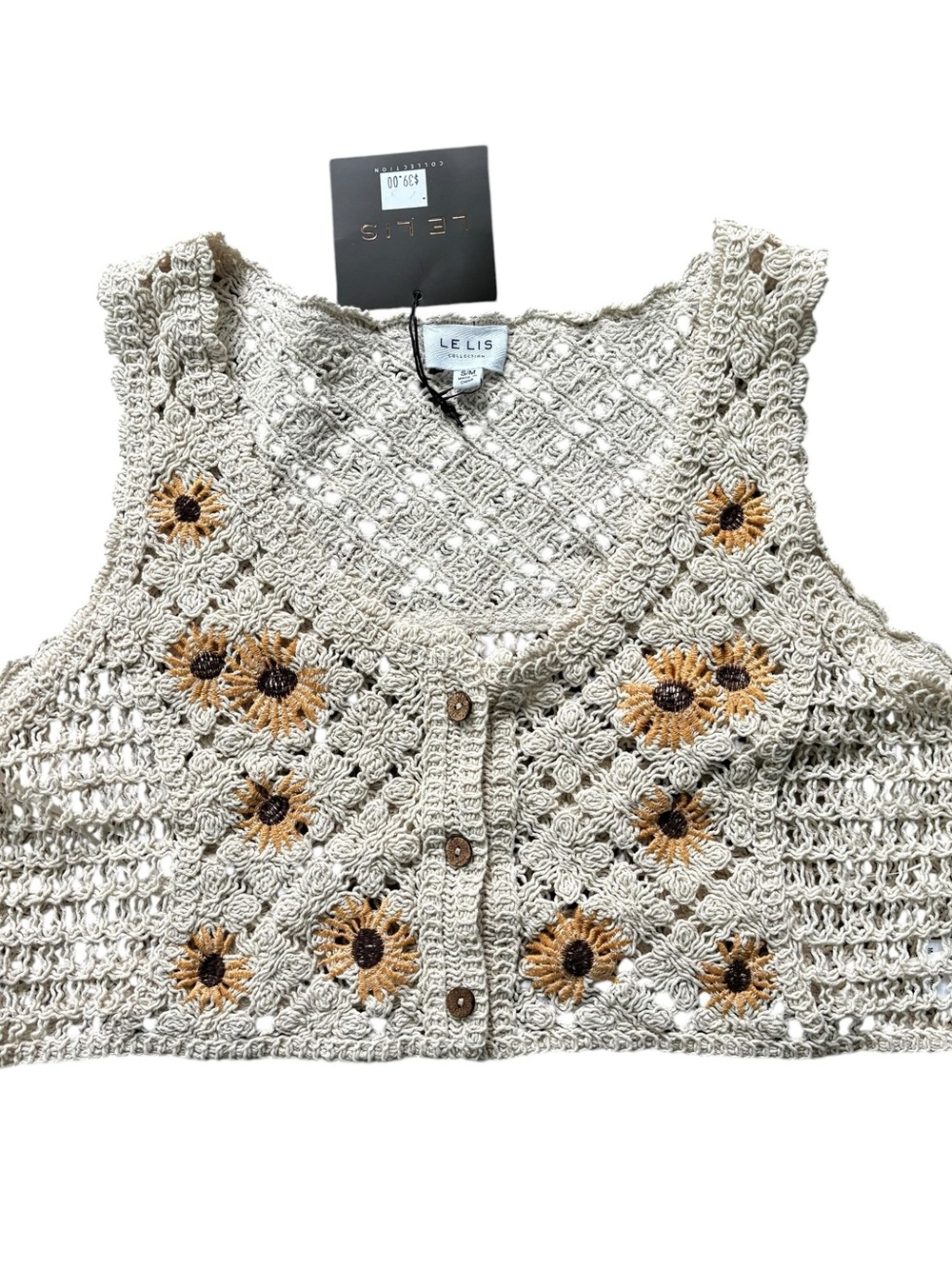 Le Lis Cream Crochet Floral Button-Front Tank vest
